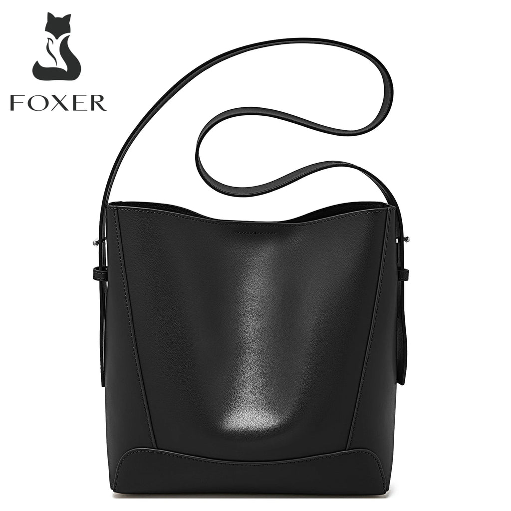 FOXER Lady Women Hobo Bucket Bag Split Leather Fashion Shoulder Bags Large Capacity Handbag Wide Adjustable Strap Female Bags