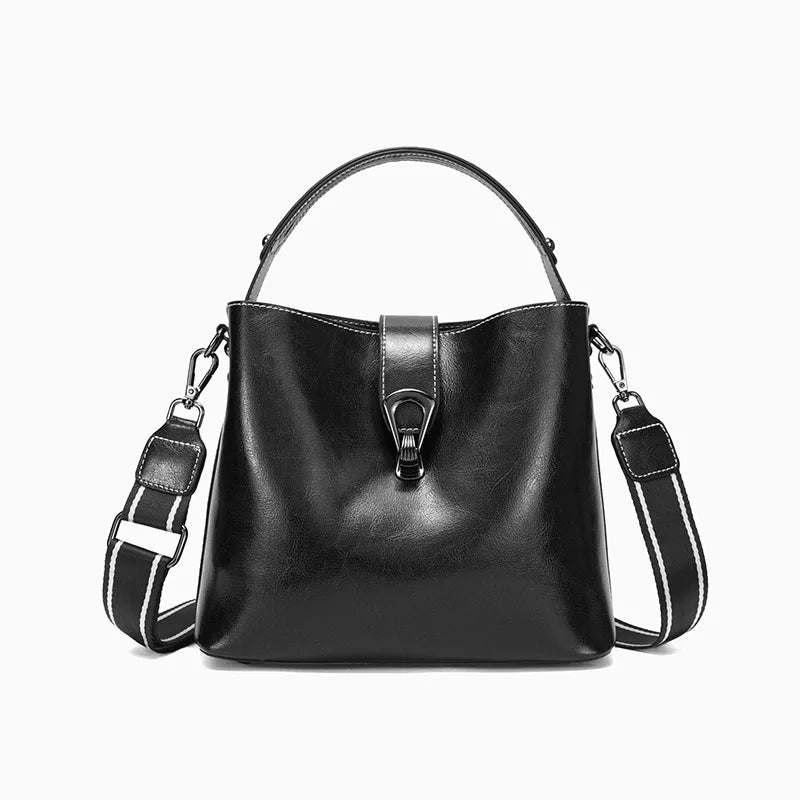 Real Oil Wax Leather Women's Bucket Bag Casual and Simple Handbag Large Capacity Ladies Cowhide Fashionable Crossbody Tote Bag