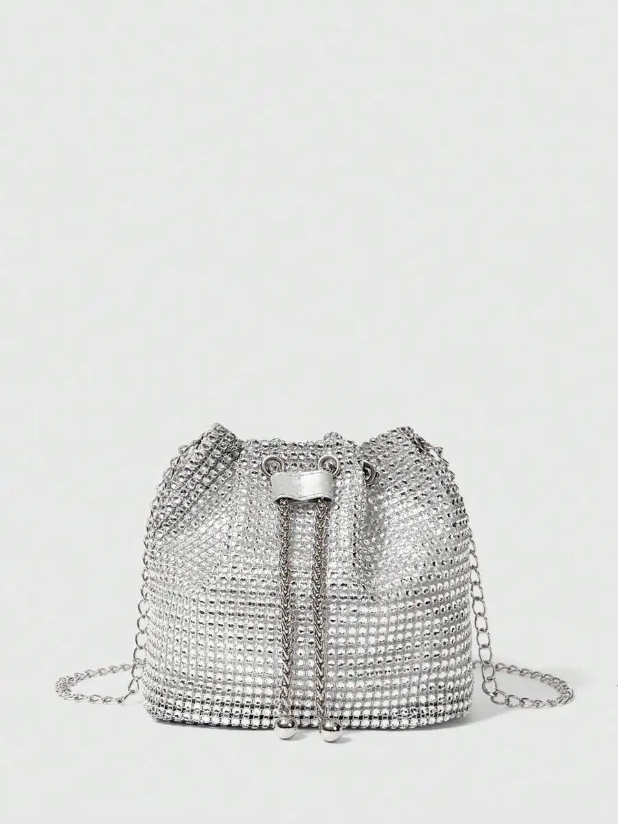 Silver Rhinestone Mesh Drawstring Bucket Bag for Evening Events