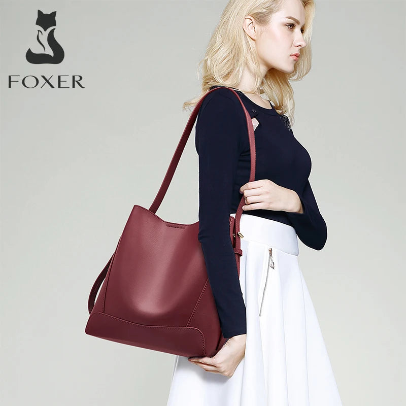 FOXER 2026 New Women's Bucket Bag Split Leather Large Capacity Tote Bag Female Crossbody Bag Commuter Shoulder Bag