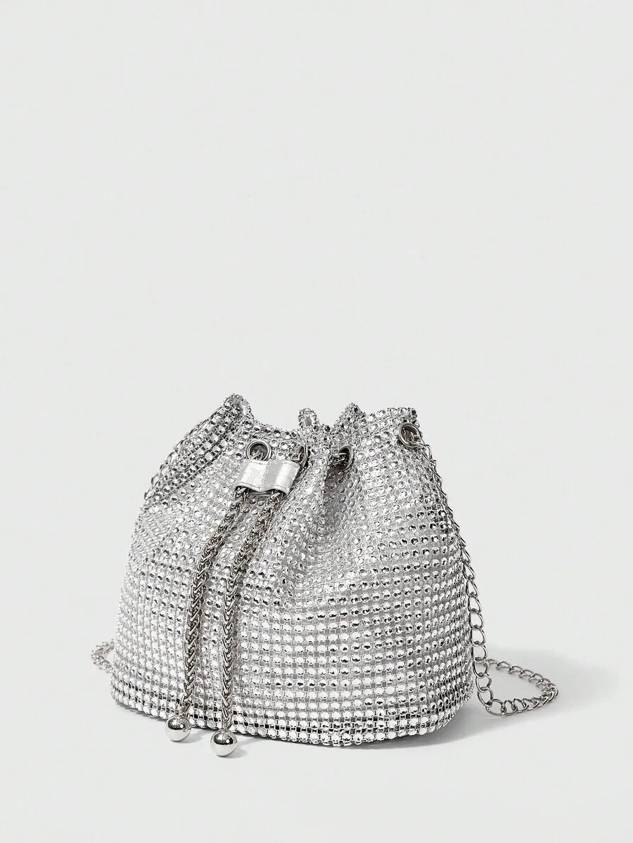 Silver Rhinestone Mesh Drawstring Bucket Bag for Evening Events