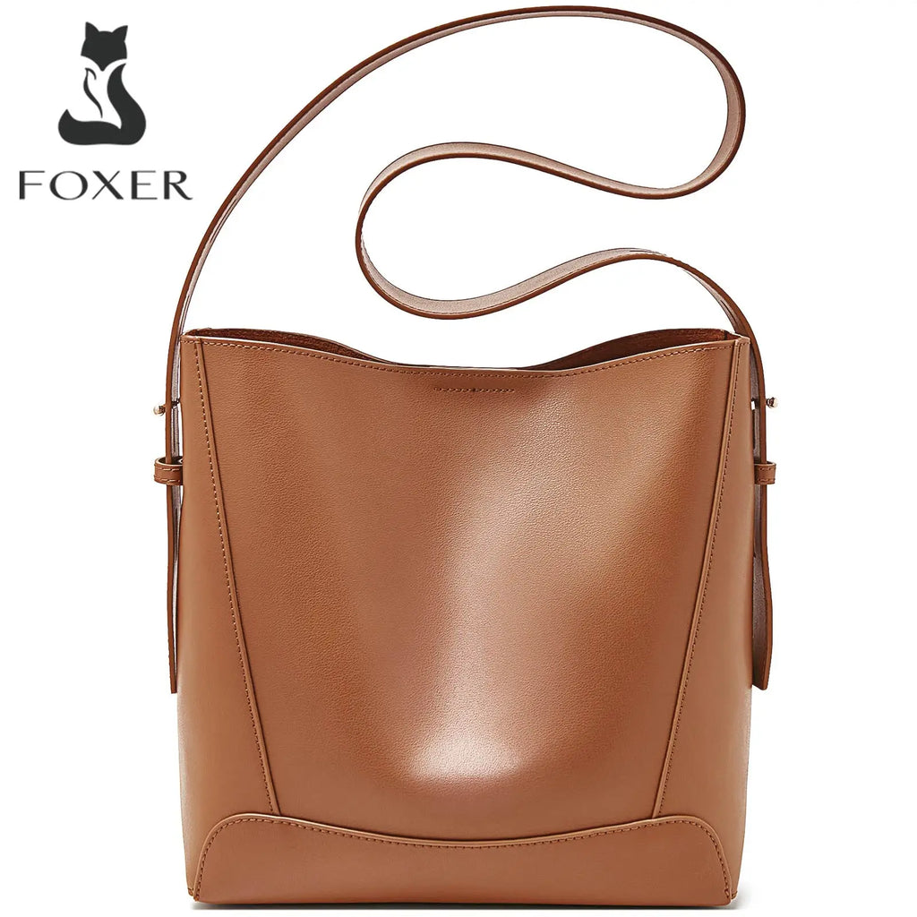 FOXER Lady Women Hobo Bucket Bag Split Leather Fashion Shoulder Bags Large Capacity Handbag Wide Adjustable Strap Female Bags