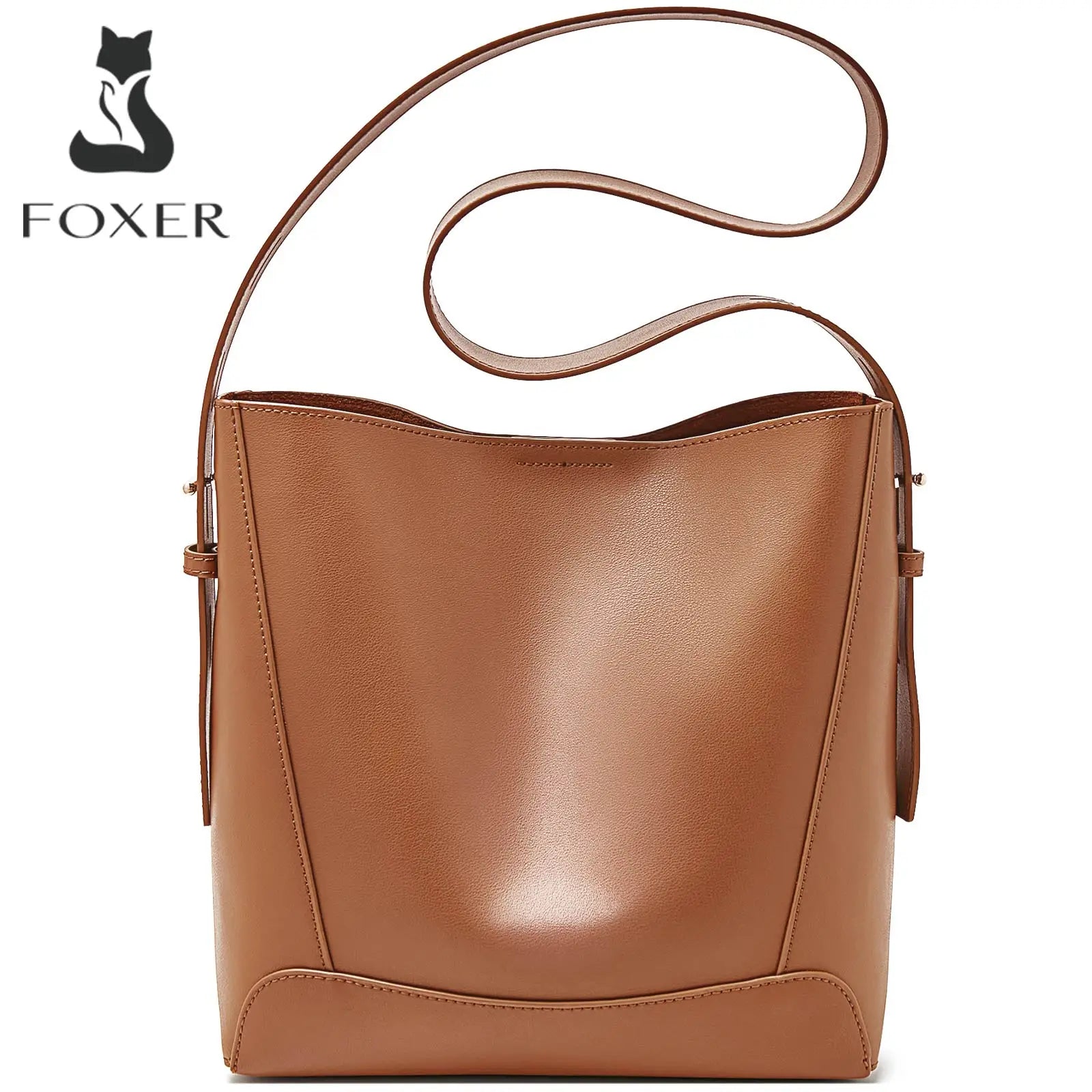 FOXER Lady Women Hobo Bucket Bag Split Leather Fashion Shoulder Bags Large Capacity Handbag Wide Adjustable Strap Female Bags