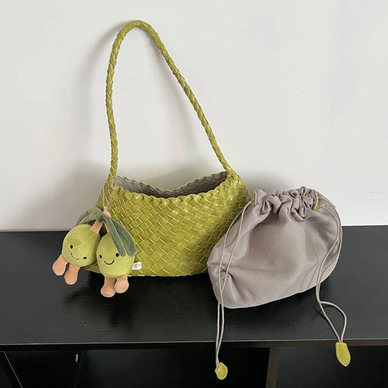 PU Hand-Woven women's Bag, Vegetable Basket Sailboat Bucket bag, Casual Vacation Handbag Shoulder Bag