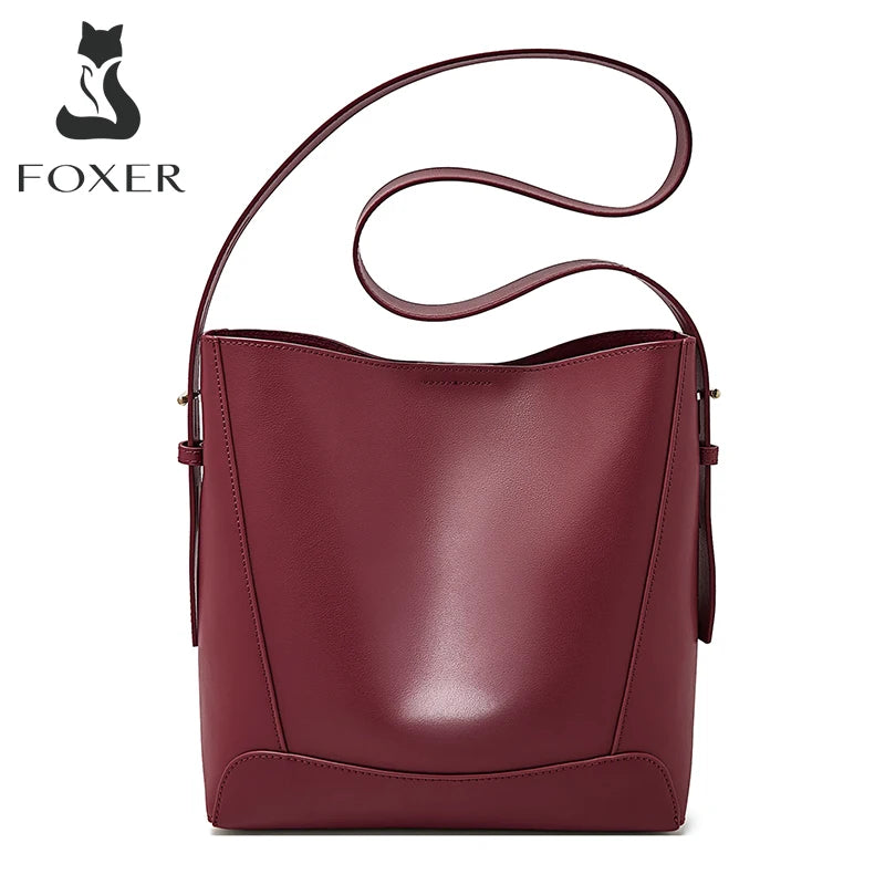 FOXER 2026 New Women's Bucket Bag Split Leather Large Capacity Tote Bag Female Crossbody Bag Commuter Shoulder Bag